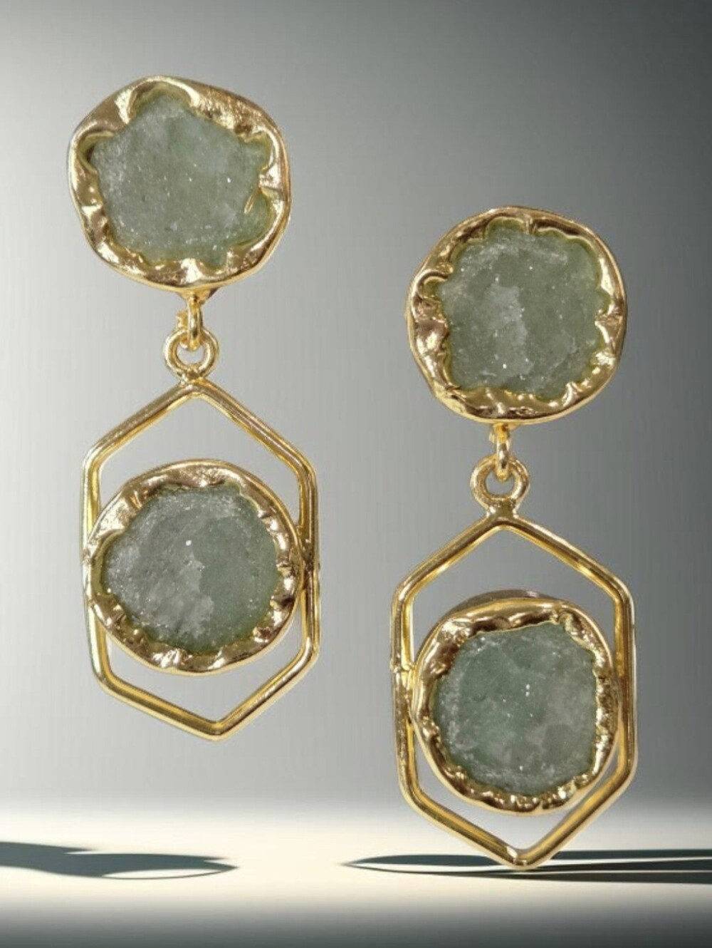 18k Gold Plated Artisan Raw Natural Green Adventurine Stone Geometric Earrings